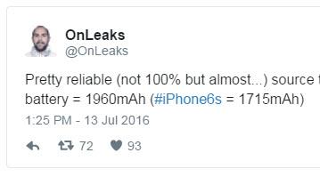 Емкость аккумулятора смартфона iPhone 7 должна составить 1960 мА•ч