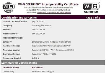 Смартфон Samsung Z2 прошел сертификацию в организации WiFi Alliance 