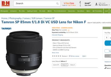 Стала известна цена и срок начала поставок объектива Tamron SP 85mm F/1.8 Di VC USD
