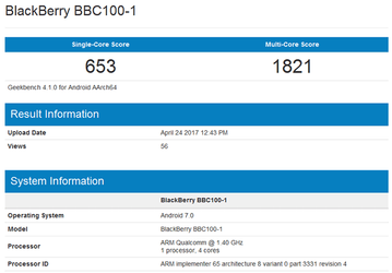 Результаты смартфона BlackBerry BBC100-1 появились в тесте Geekbench