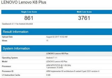 Смартфон Lenovo K8 Plus получит 16-нанометровую платформу MediaTek