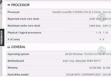Процессор Intel Core i7-8709G с графикой Vega M будет работать на частотах 3,1-3,9 ГГц