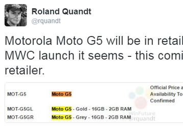 Смартфон Moto G5 ожидается в середине марта
