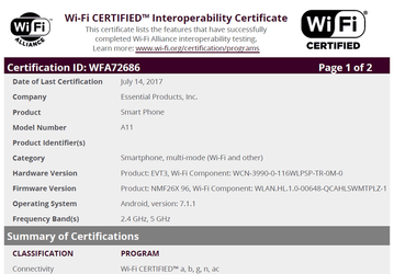 В базе данных WiFi Alliance появился смартфон Essential A11