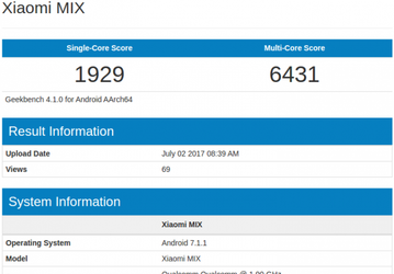 Безрамочный смартфон Xiaomi Mi Mix 2 замечен в Geekbench