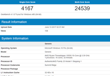 Появились результаты тестирования CPU AMD Ryzen Threadripper 1950X в тесте Geekbench