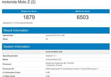 Флагманский смартфон Moto Z2, оснащенный SoC Snapdragon 835, протестирован в Geekbench