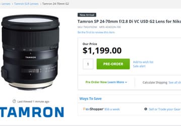 Объектив Tamron SP 24-70mm f/2.8 Di VC USD G2 замечен в продаже 