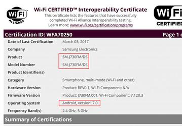 Смартфон Samsung Galaxy J7 (2017) прошел сертификацию в организации WiFi Alliance 