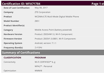 В базе данных WFA замечен смартфон ZTE Z851