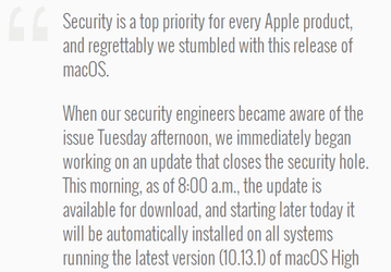 Компания Apple признала наличие уязвимости в macOS High Sierra, позволяющей легко получить права root, и уже закрыла ее