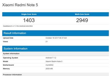 ПО Geekbench указывает на наличие в смартфоне Xiaomi Redmi Note 5 старой платформы Qualcomm, но результаты тестов этому не соответствуют