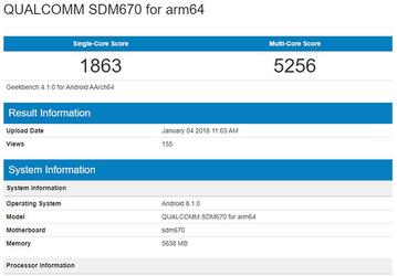 Устройство на SoC Qualcomm Snapdragon 670 протестировано в Geekbench