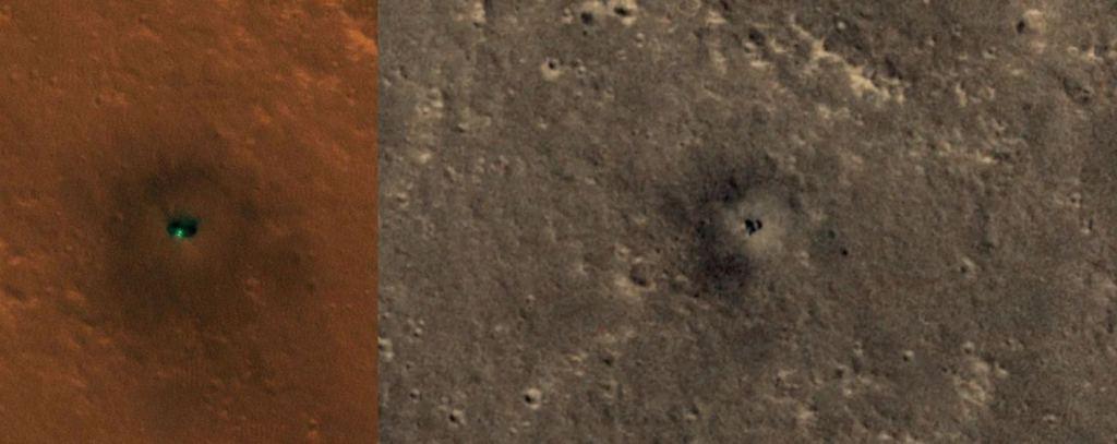 На этих снимках HiRISE от MRO показан посадочный модуль InSight с явными следами от приземления (слева). Следы от становятся
