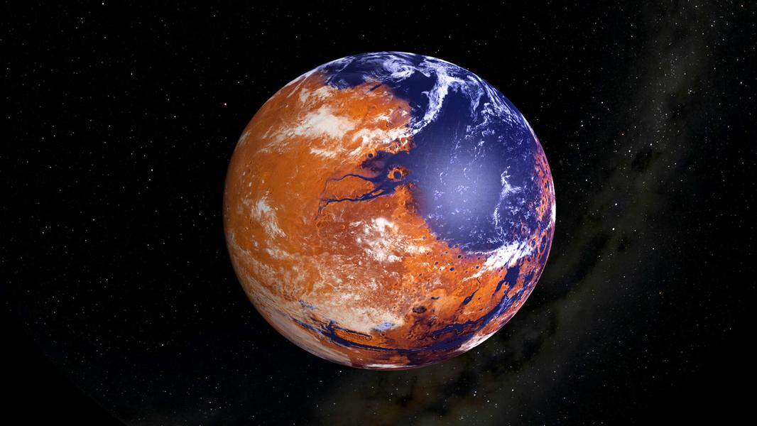 Иллюстрация раннего Марса с жидкой водой на его поверхности.Источник: NASA / MAVEN / The Lunar and Planetary Institute