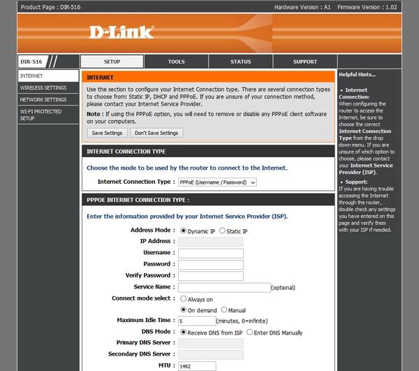 веб-интерфейс D-Link DIR-516