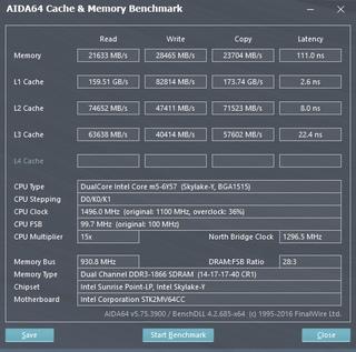 AIDA64 Cache & Memory Benchmark Intel Core m5-6Y57