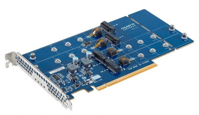 Адаптер Gigabyte CMT2014 позволяет подключить к слоту PCIe x16 до четырёх SSD формата M.2, фото 1