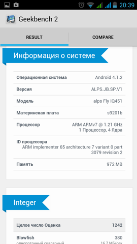 Обзор Fly IQ451. Скриншоты. Geekbench 2