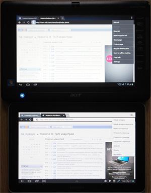 меню браузера в Android 4.0 и 3.0