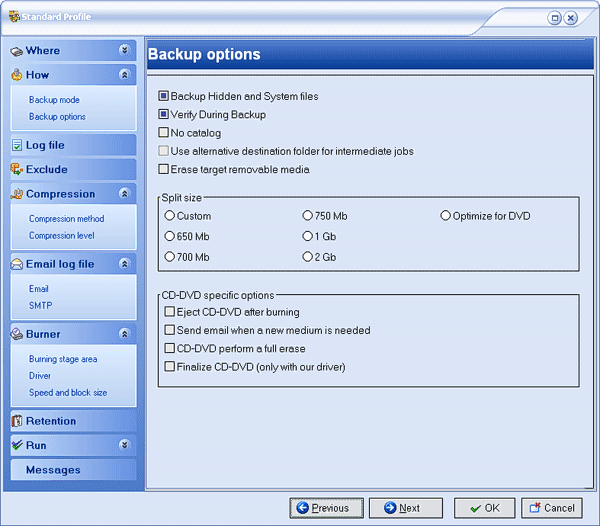 Настройки профиля резервного копирования Backup Studio 2006