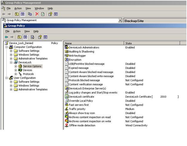 Меню DeviceLock Service Settings Editor