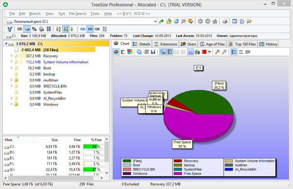 Отображение данных в TreeSize Pro