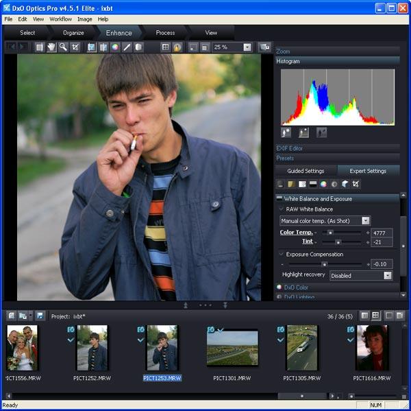 Управление балансом белого в DxO Optics