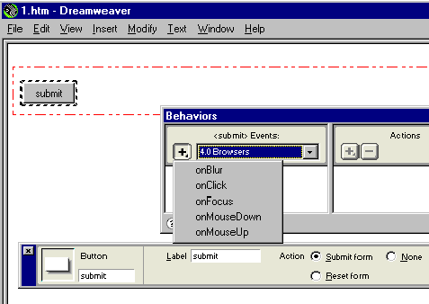 Выбор события в панели Behaviors