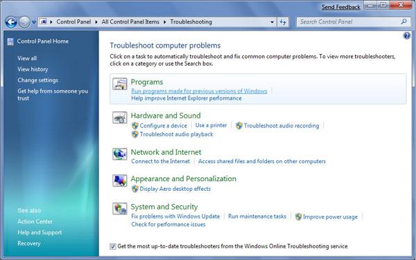 Раздел Troubleshooting computer problems в панели управления