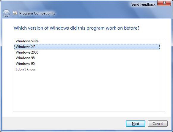 Program Compatibility Troubleshooter – выбор версии ОС