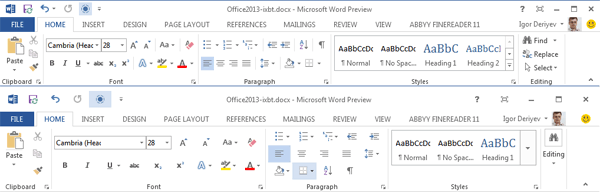 Лента Word 2013 до (вверху) и после включения Touch Mode