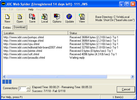 Загрузка сайта в JOC Web Spider