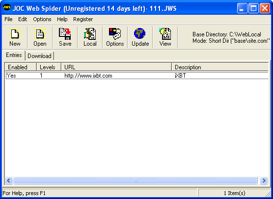Главное окно JOC Web Spider
