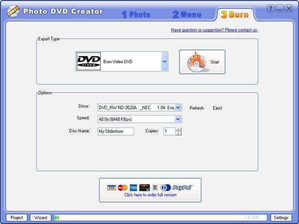 Подготовка к записи оптического носителя в Photo DVD Creator