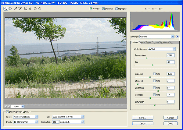 Рабочее окно Adobe Camera RAW