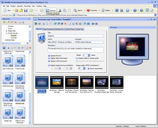 Рабочее окно Axialis Professional Screen Saver Producer