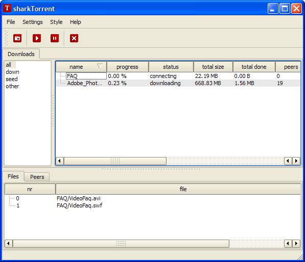 Главное окно sharkTorrent