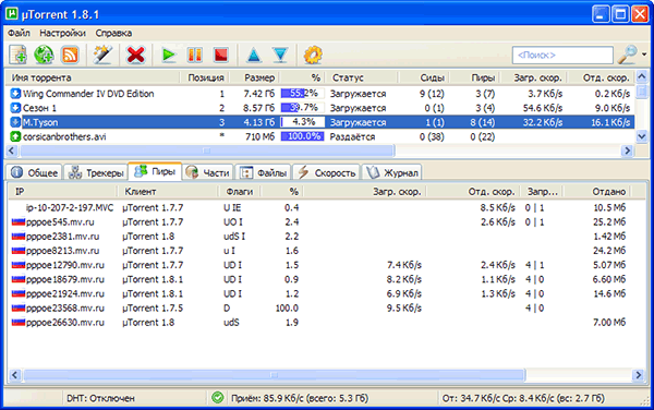 Главное окно uTorrent