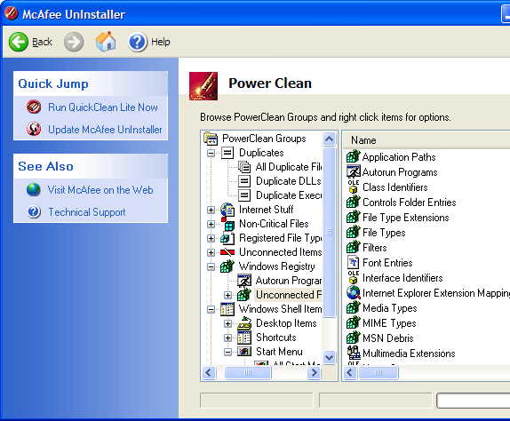Утилита Power Clean, входящая в состав McAfee Uninstaller