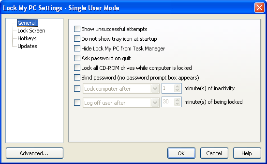 Диалоговое окно настроек Lock My PC