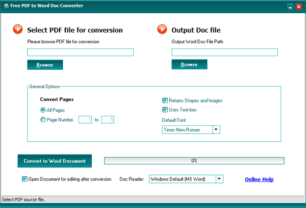 Рабочее окно Free PDF to Word Doc Converter