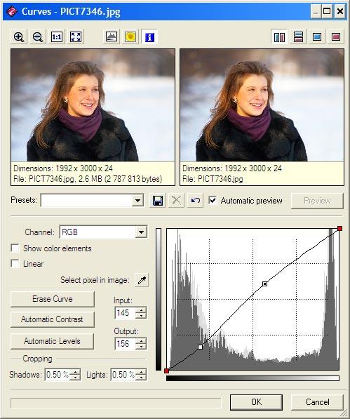 Управление яркостью и контрастом с помощью кривых в в Zoner Photo Studio