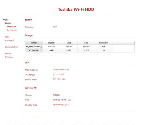 Веб-интерфейс Toshiba Canvio AeroCast