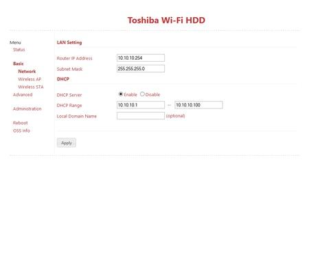 Веб-интерфейс Toshiba Canvio AeroCast