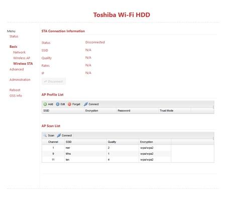 Веб-интерфейс Toshiba Canvio AeroCast