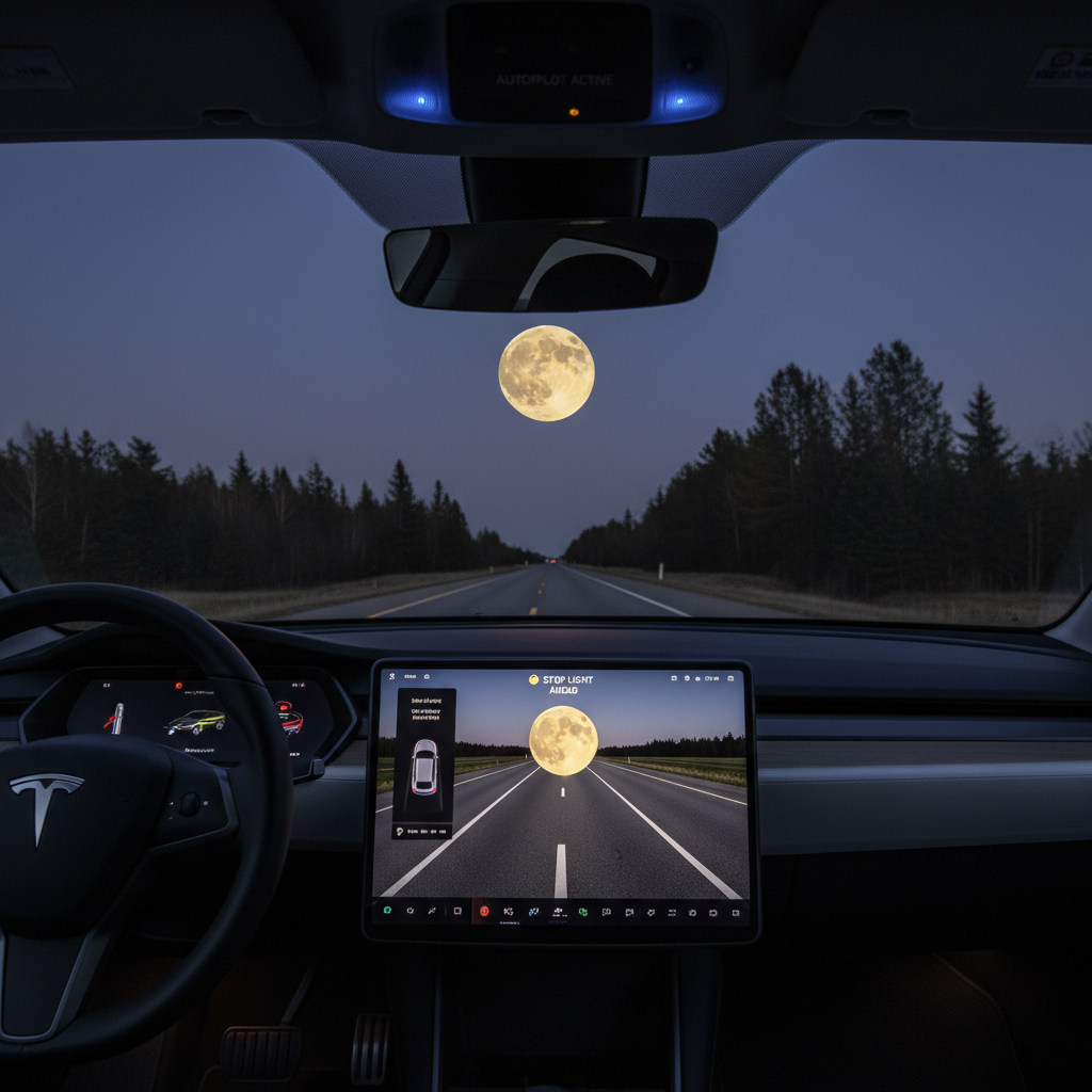 Tesla ошибочно принимает Луну за жёлтый сигнал светофора, фото 1