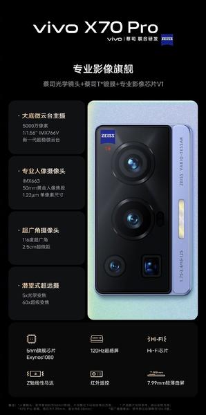 Объективы Zeiss, датчики Sony, 5-кратный оптический зум, лучший в индустрии экран Samsung E5, Snapdragon 888 Plus, IP68 и 50 Вт. Представлены флагманы Vivo X70, X70 Pro и X70 Pro+, фото 5