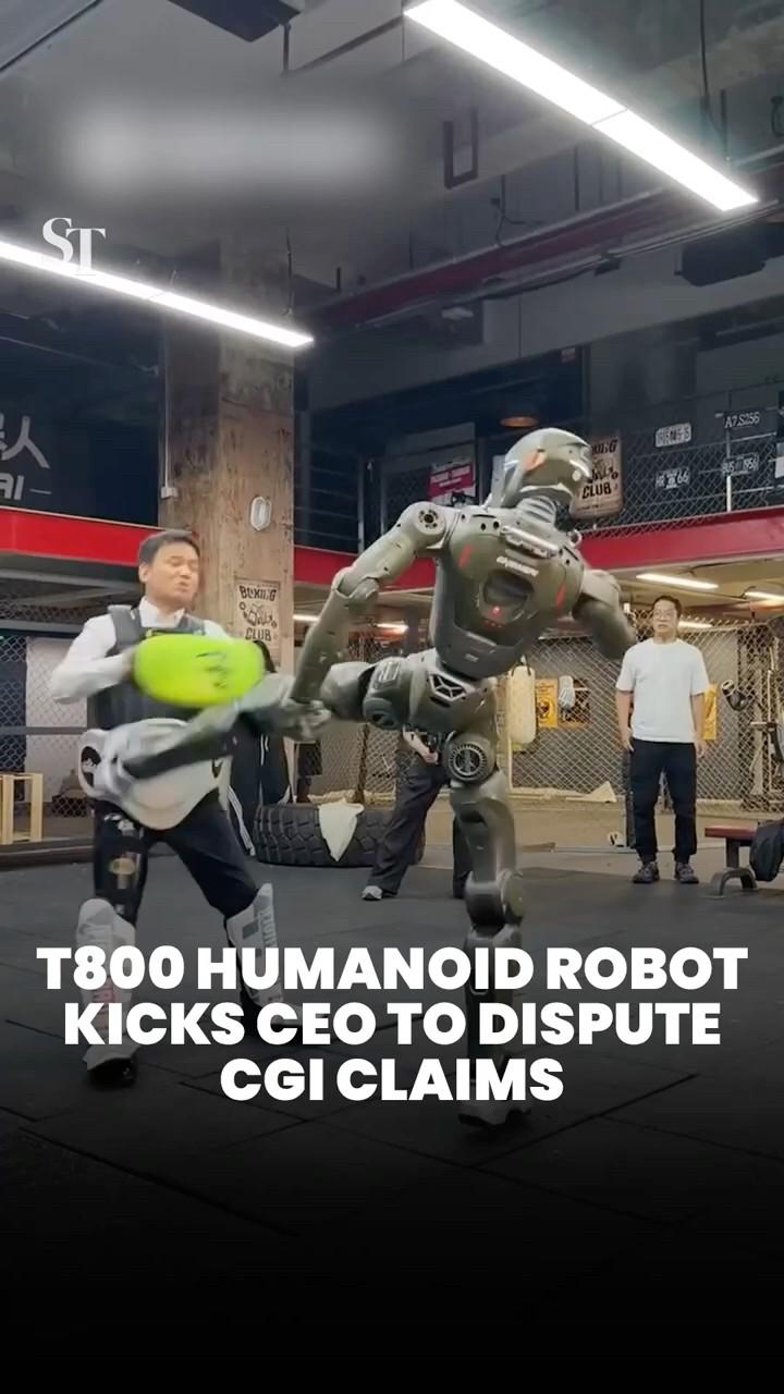 T800 humanoid robot kicks its own CEO to dispute CGI claims