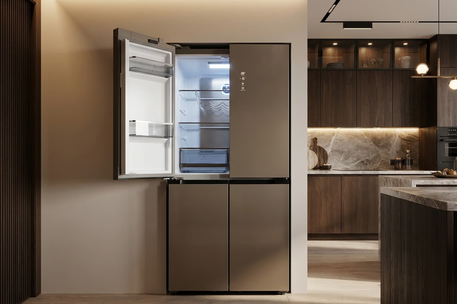 Обзор трехкамерного холодильника Lex LCD505 Brown Satin с компоновкой Cross Door